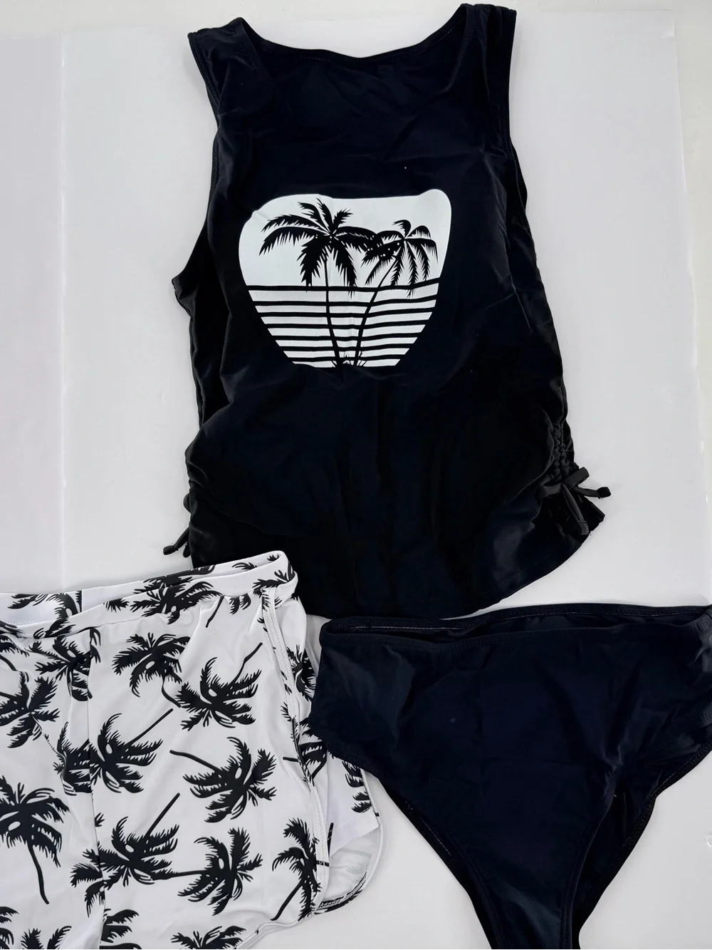 SHEIN Teen 15Y 3-Piece Tankini Swimsuit Set Black Palm Tree Tank, Shorts, Bottom